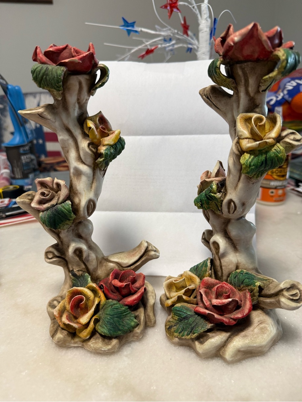 Vintage floral ceramic candlestick holders.